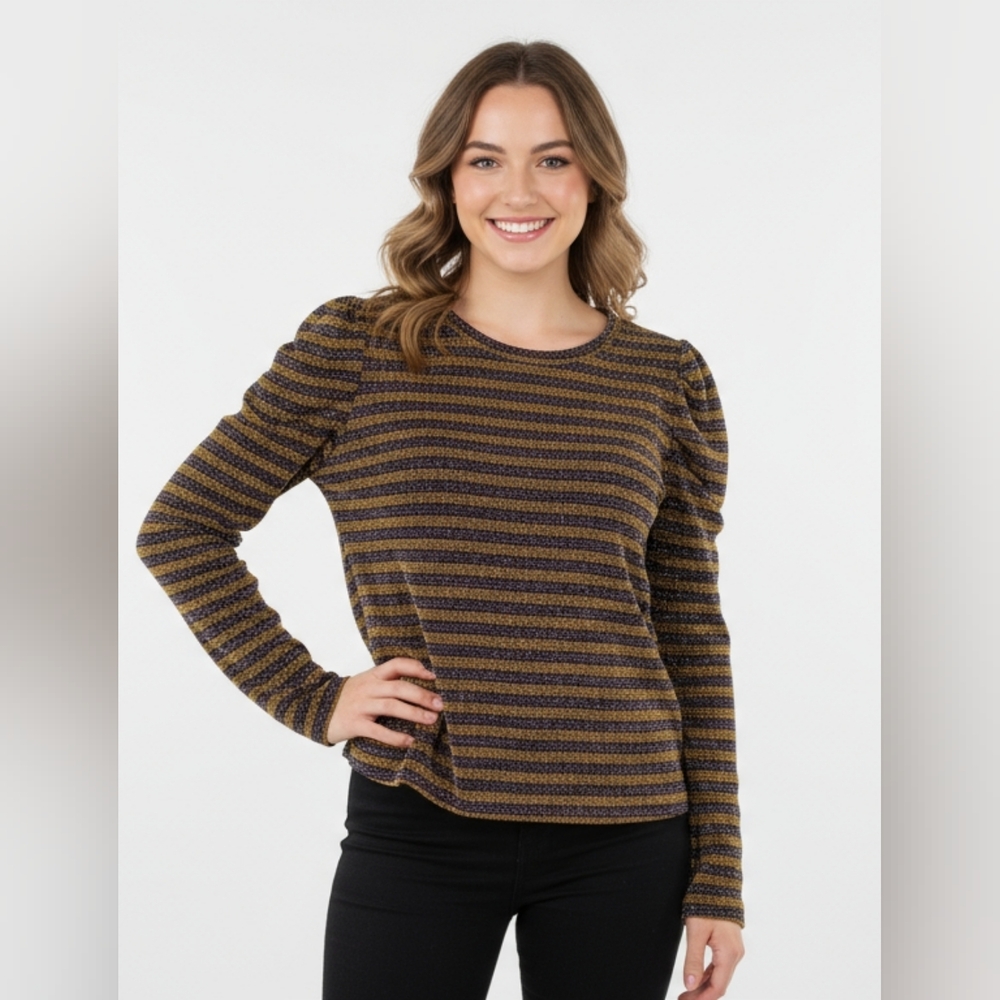 Forever 21+ Purple Gold Glitter Striped Blouse 2X Long Sleeve Sparkle Top